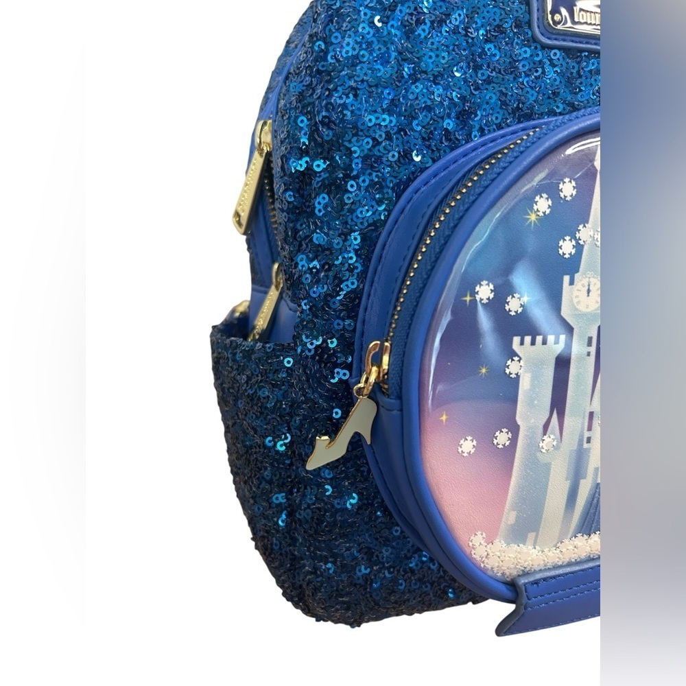 Loungefly Disney Blue Sequin Snow Globe Cinderella Mini Backpack Shoe Charm - Picture 4 of 13